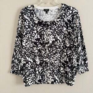 Talbots Womens M Black White Abstract Floral Pima Cotton 3/4 Sleeve Cardigan